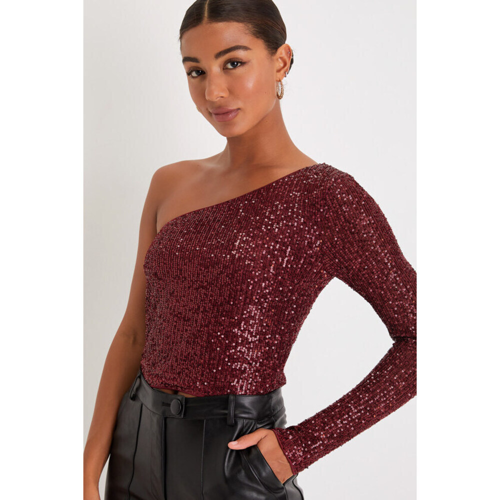 Lulus Glittery Perfection Burgundy Sequin Long Sleeve One-shoulder Top Red